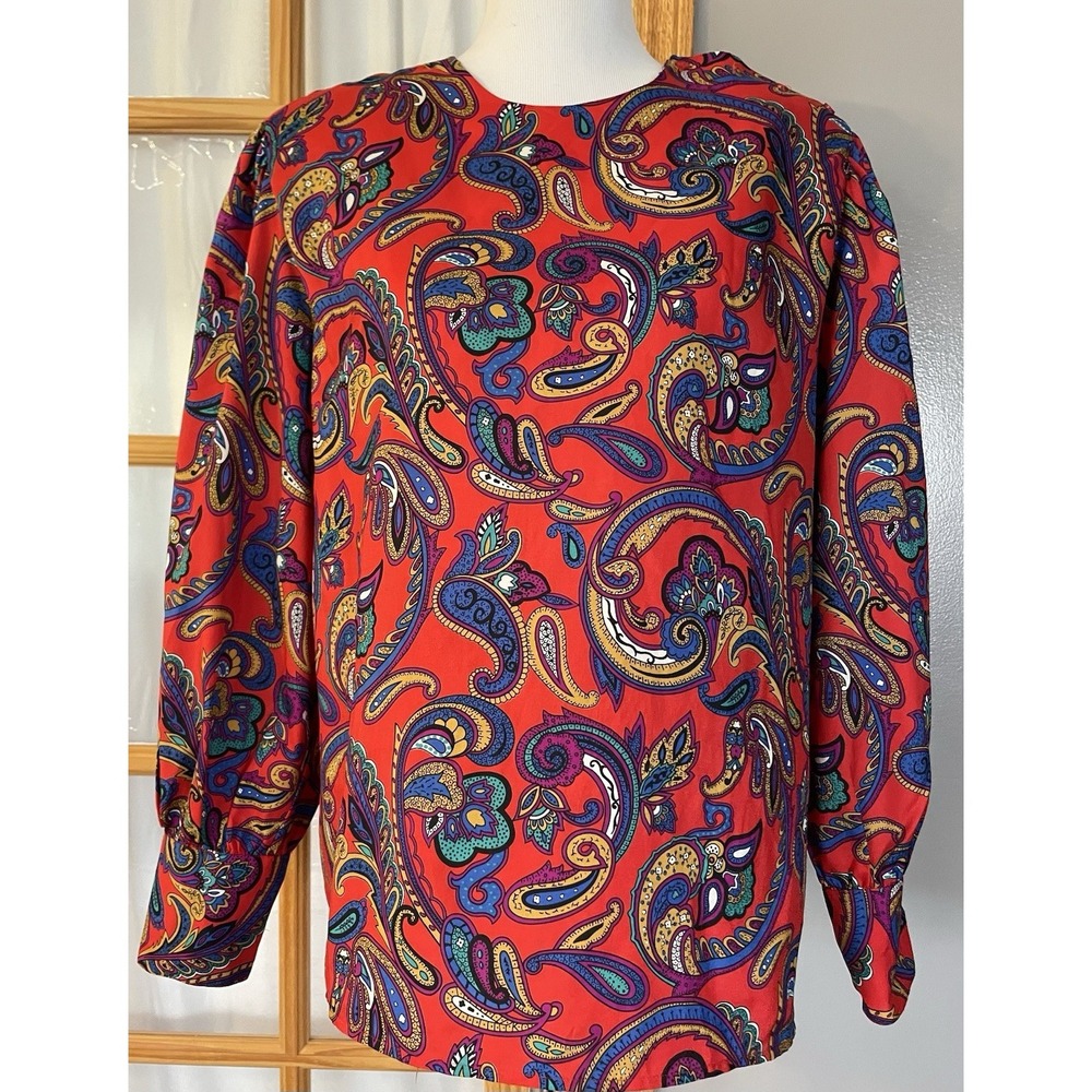 80s Ship 'n Shore Paisley Blouse Womans 20W Red Blue Long Sleeve Colorful Career